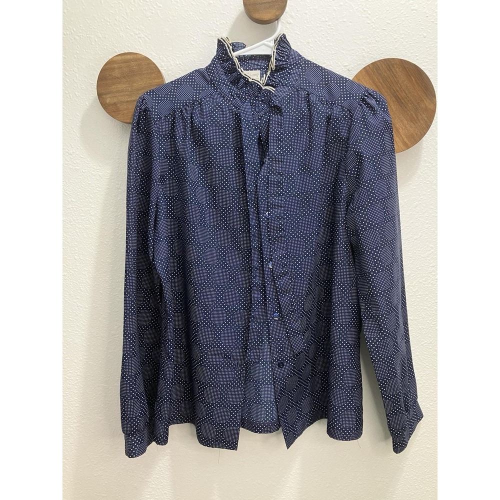 VTG Navy Polka Dots Ruffle Mock Neck Blouse Victorian Revival Coquette Regency L